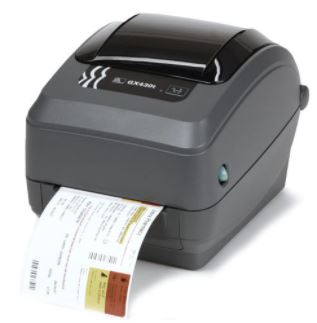 Zebra GX430 Desktop Label Printer with printed label 
